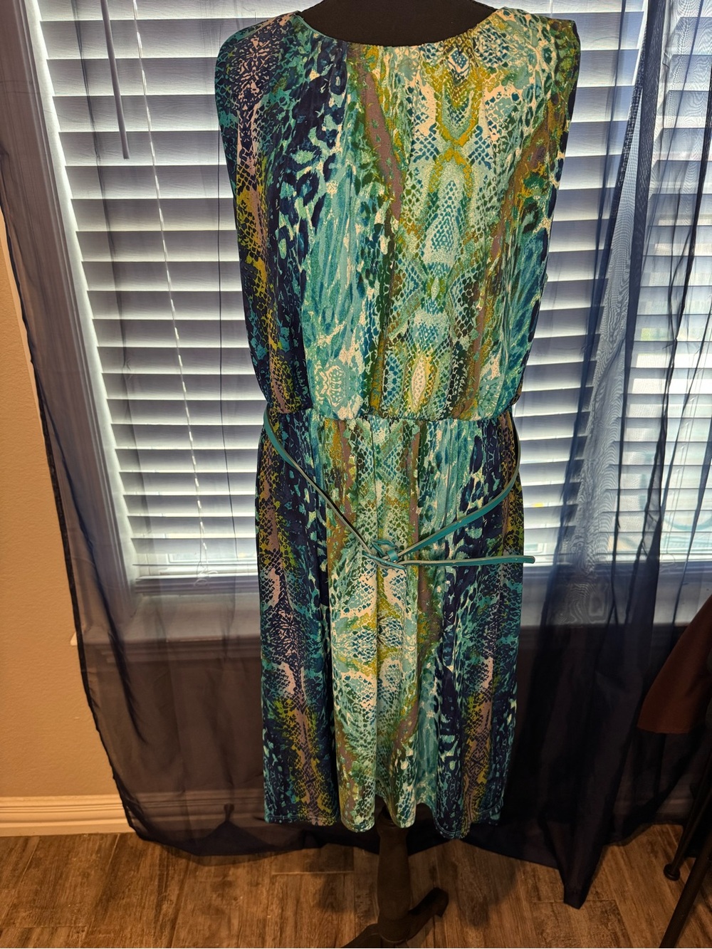 Cato Teal, Navy and Yellow Printed Midi Dress with Tie Waist